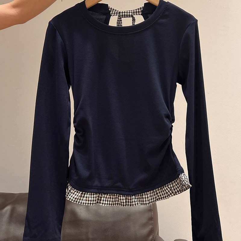 藏青色假两件镂空长袖t恤女秋冬气质打底衫内搭格子花边拼接上衣,女装/女士精品,常规大码外套,淘宝优惠券,粉丝福利购,淘宝优惠卷