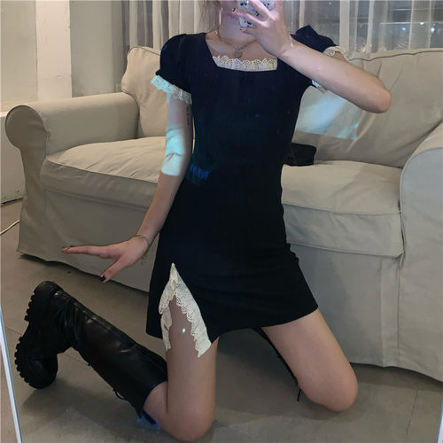 法式方领胖mm复古包臀辣妹短裙子