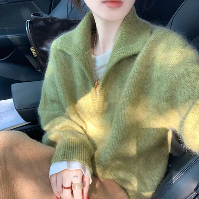 多巴胺橘色半开领宽松慵懒风针织衫毛衣女冬季加厚可外穿内搭上衣