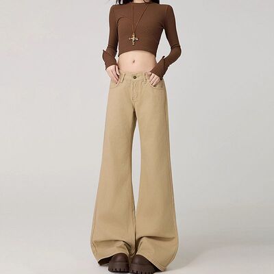 美式卡其色微喇牛仔裤女2025春秋冬新款低腰辣妹显瘦加绒喇叭裤子
