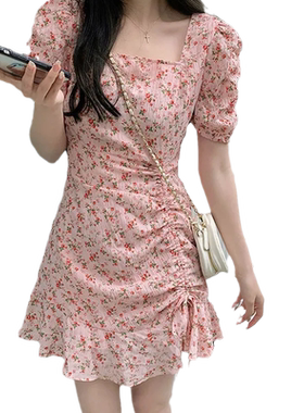 甜辣粉色碎花方领连衣裙女夏新款