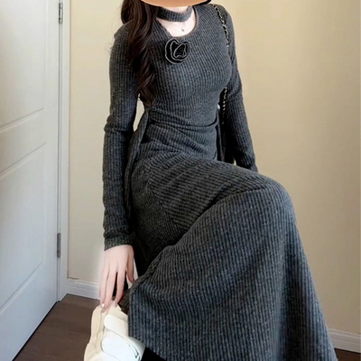 法式小香风针织连衣裙子女秋冬季穿搭一整套装高级感灰色气质长裙