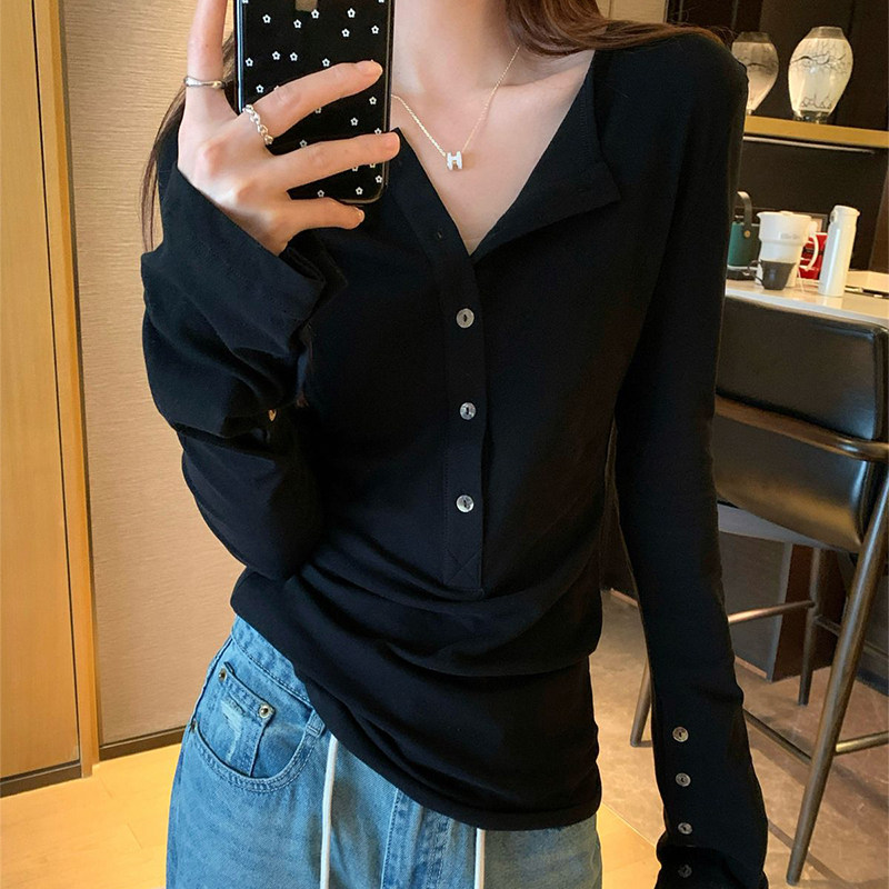 大码胖mm美式复古辣妹纽扣长袖T恤春秋新款修身内搭打底衫上衣女,女装/女士精品,大码内搭,淘宝优惠券,粉丝福利购,淘宝优惠卷