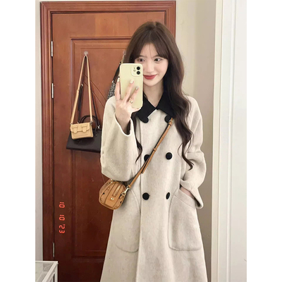 燕麦色双面羊绒羊毛大衣女中长款