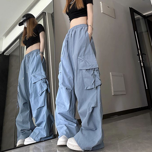 多口袋设计感拖地长裤 美式 女秋冬街头嘻哈街舞裤 裤 高街米白色工装