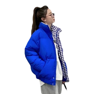 棋盘格拼接假两件立领外套女秋冬新款bf慵懒风oversize短款棉衣服