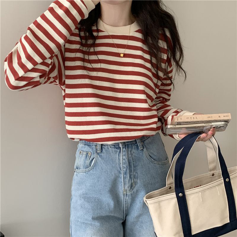 韩系撞色绿色条纹长袖T恤女薄款春秋宽松打底衫套头别致内搭上衣,女装/女士精品,大码内搭,淘宝优惠券,粉丝福利购,淘宝优惠卷