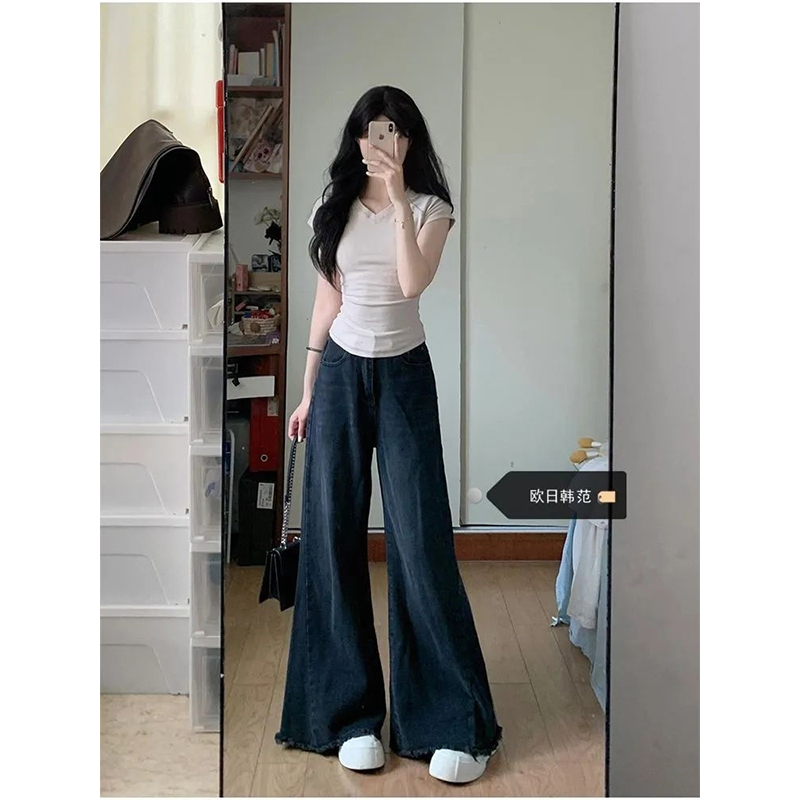 深蓝色阔腿牛仔裤女夏薄2025年