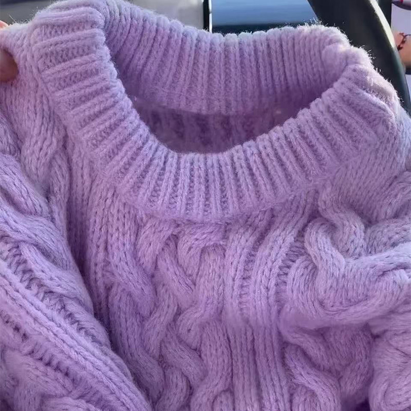 紫色圆领麻花毛衣女秋冬加厚小个子高级感软糯针织衫宽松内搭上衣,女装/女士精品,常规大码外套,淘宝优惠券,粉丝福利购,淘宝优惠卷