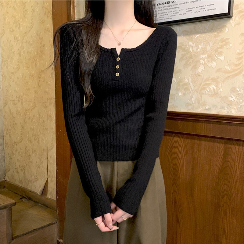 2026早春修身方领纽扣针织长袖女秋冬新款内搭设计感短款打底上衣,女装/女士精品,大码内搭,淘宝优惠券,粉丝福利购,淘宝优惠卷