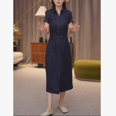 棉麻藏蓝翻领显瘦衬衫裙