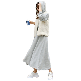 春秋新款连帽套头卫衣连衣裙女过膝长款韩版宽松大码荷叶边打底裙