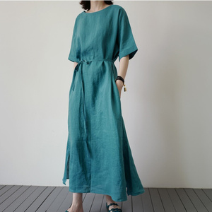 夏装新款短袖棉麻连衣裙女过膝长款韩版时尚系带宽松大码亚麻裙子