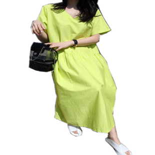 夏装新款V领荷叶边连衣裙女中长款韩版宽松大码短袖亮黄色裙子潮