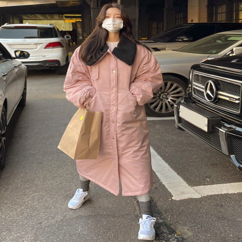 冬装新款羊羔毛领子棉衣女过膝长款韩版宽松休闲压棉潮流时尚棉袄