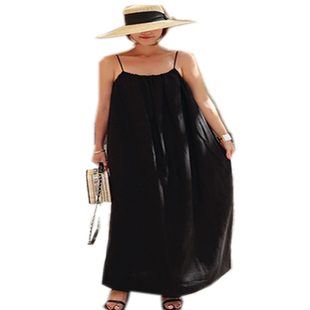 新款吊带棉麻连衣裙女过膝长款韩版宽松大码背心裹胸露背亚麻裙子