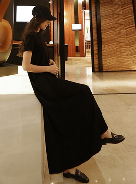 黑色短袖T恤长裙夏2018新款女时尚韩版宽松大码双口袋A字连衣裙潮