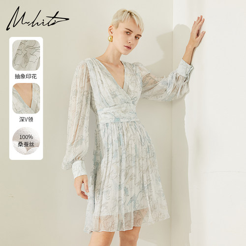 Mhiti浪漫桑蚕丝V领碎花连衣裙女