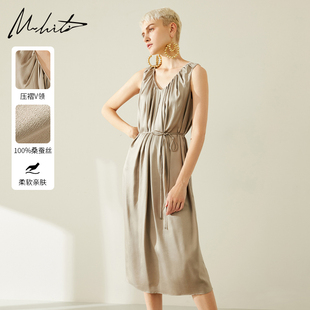 V领无袖 法式 裙子H1L605L 新品 Mhiti重磅桑蚕丝连衣裙女锡瑅夏季