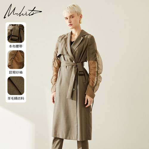 Mhiti时尚网纱休西装领长风衣女