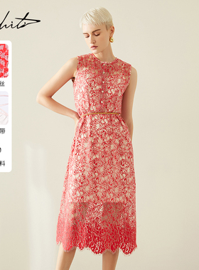 Mhiti法式睫毛蕾丝连衣裙锡瑅夏季新品无袖显瘦背心长裙H1L608L