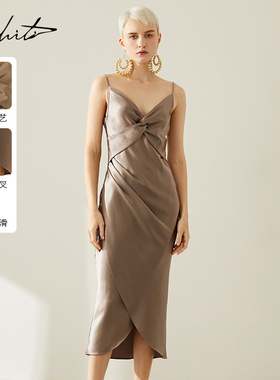 Mhiti优雅轻盈缎面连衣裙锡瑅夏季新品醋酸V领吊带长裙H1L634L
