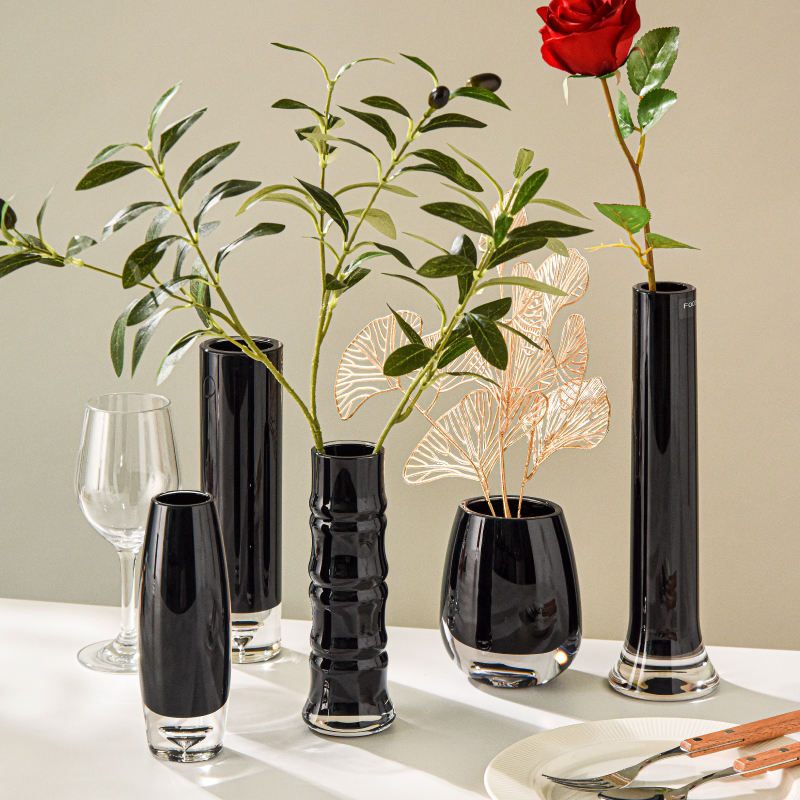 进口PC防摔黑色小花瓶摆件居家简创意约轻奢鲜花插花花瓶桌面花器