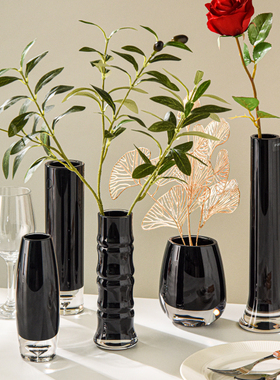 进口PC防摔黑色小花瓶摆件居家简创意约轻奢鲜花插花花瓶桌面花器