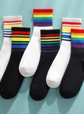 黑色彩虹袜搭配鲨鱼裤运动袜子纯棉秋冬季条纹袜子女中筒袜潮彩色