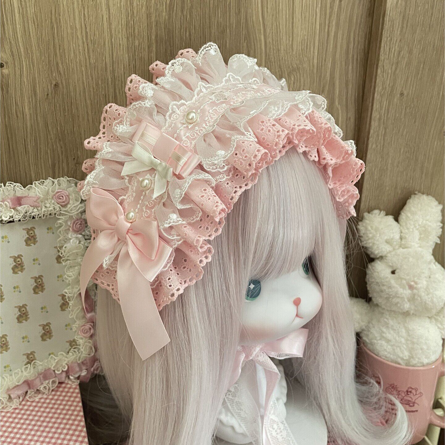 蕾丝手作lolita头饰可爱甜美粉白蝴蝶结珍珠粉色发带lo娘拍照发饰