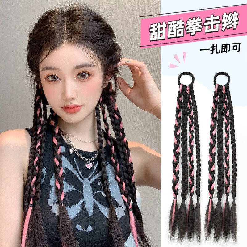 y2k儿童假发麻花辫发圈甜酷拳击辫子小女孩爵士舞蝴蝶结头绳发饰