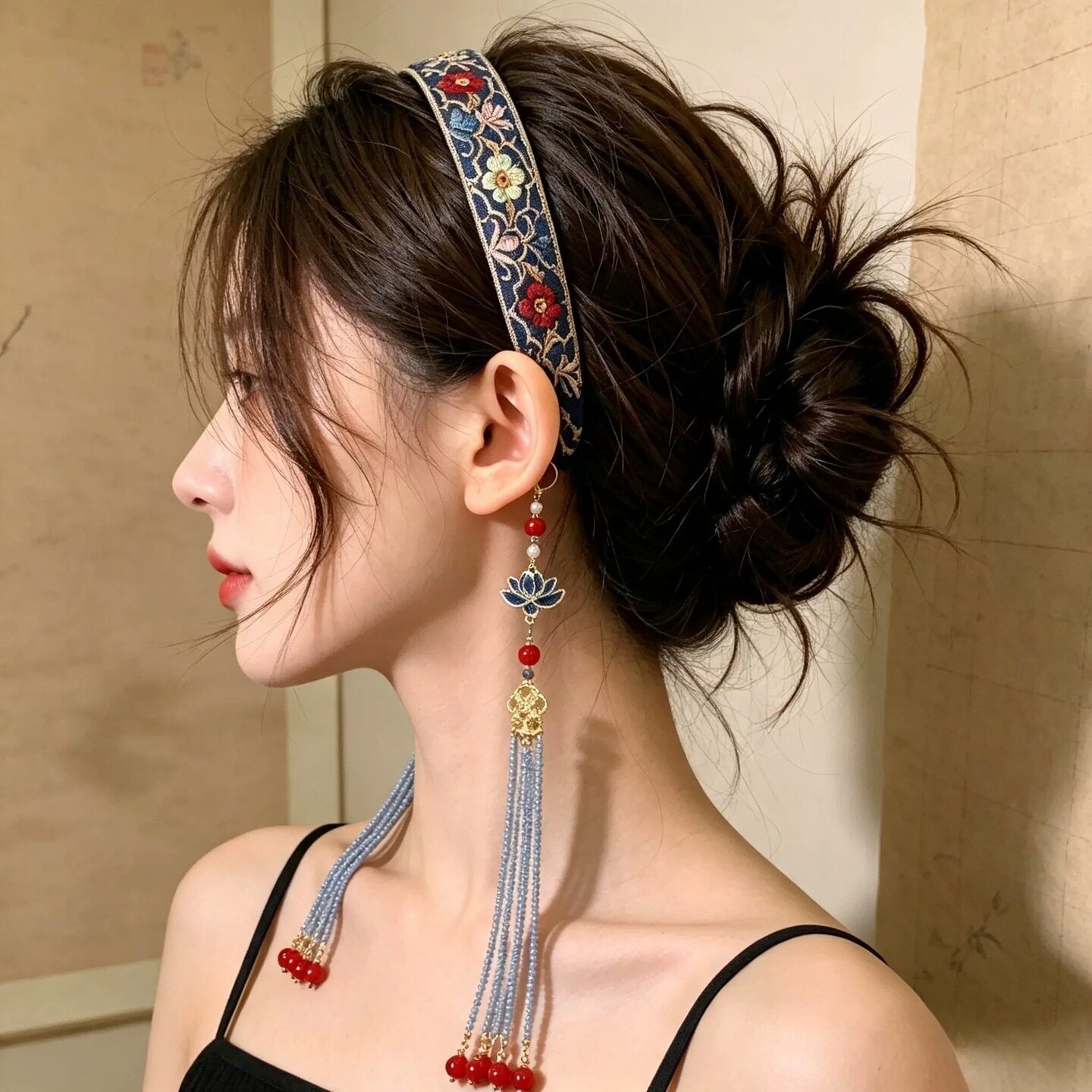 民族风流苏头箍云锦香纱印花头箍古典莲花珠串盘发器女童汉服头饰