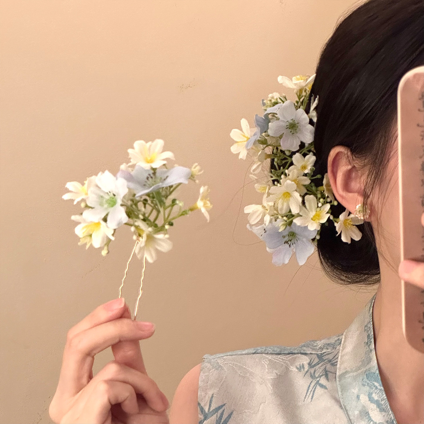 新中式旗袍发簪花朵高级古风头饰U型簪子侧边夹女头花学士帽簪花