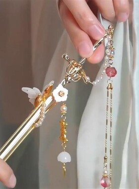 新中式古风汉服女金色头饰流苏长剑发簪子锁灵藏剑发饰步摇中剑簪