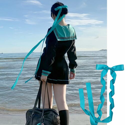 初音未来黛绿色jk蝴蝶结超长飘带发夹发卡少女JK制服百搭头饰发带