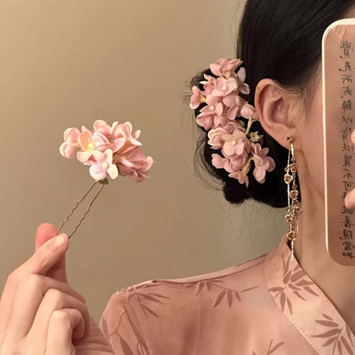 山沐手作粉色花朵发簪新中式古风簪花新娘订婚汉服发饰女旗袍头饰