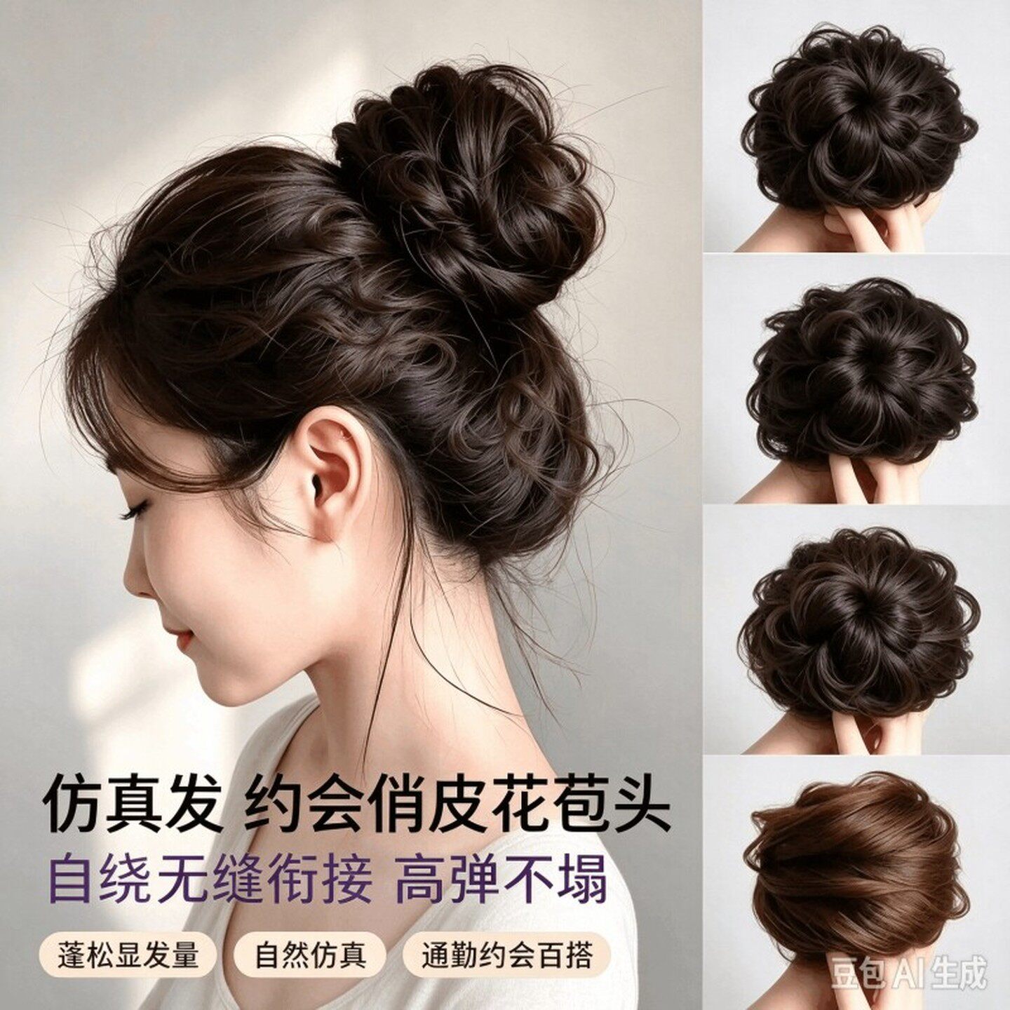 真发低丸子假发圈女蓬松盘发花苞头半扎丸子头后脑勺神器发量少