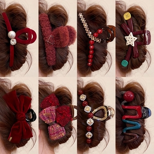 新年红色大号抓夹女高级感成人发量多盘发发夹后脑勺鲨鱼夹子头饰