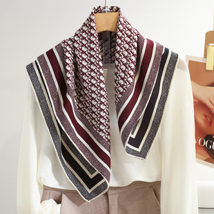 D家经典双色真丝羊毛印花方巾百搭丝巾柔软披肩保暖围巾外搭装饰