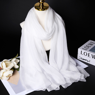 今年新款真丝围巾女秋冬保暖丝巾女纯本白色夏天薄款遮脸防晒护颈