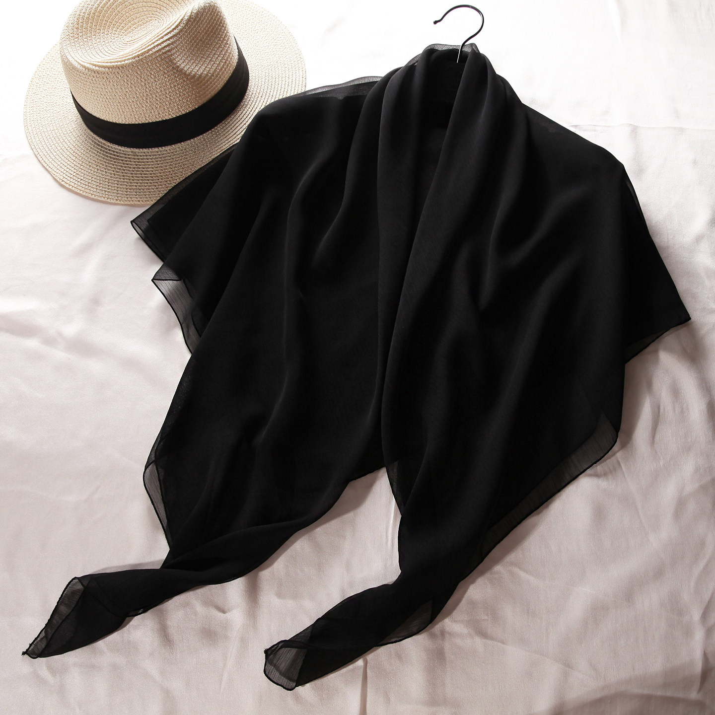 纯黑色真丝围巾女柔软亲肤桑蚕丝大方巾110cm尺寸时尚围脖百搭款