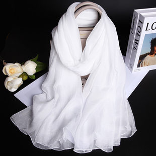 2025年真丝围巾女防风长条桑蚕丝巾网红款纱巾披肩漂本白色高级感