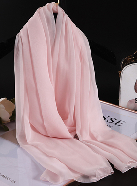 装饰真丝丝巾女细窄小长条春夏护颈围巾搭配衬衫秋冬围脖浅粉红色