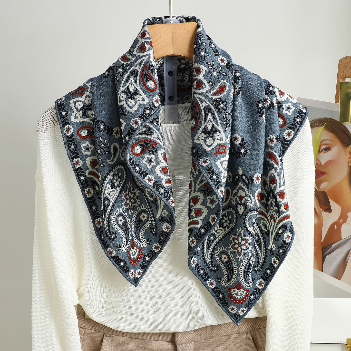 古典雾霾蓝雅致高奢丝毛围巾披肩