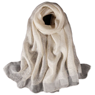 今年新款羊毛围巾中年妈妈礼物真丝丝巾高档披肩秋冬天米黄色围脖