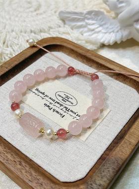 巧恩天然粉晶回纹珠手绳女款极细4mm草莓晶国风复古淡水珍珠编绳