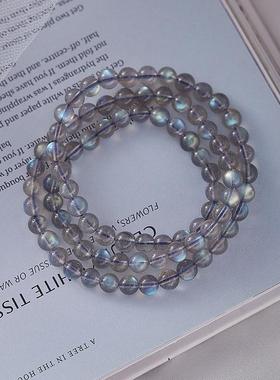 天然水晶灰月光石手链拉长石闪光石散珠圆珠DIY饰品三圈手串