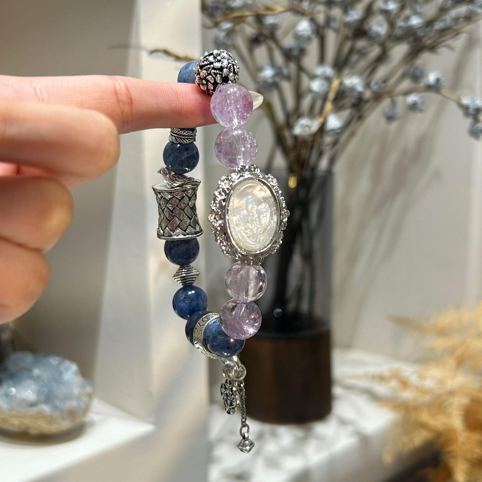 巧恩天然紫水晶手链女生魔盒大颗粒蓝晶石小众原创水晶白贝串珠链