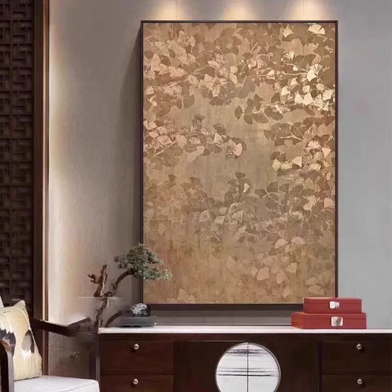 新中式银杏叶金色大气玄关装饰画酒店别墅植物花卉高级感国风挂画图片