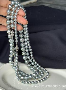 秋冬季毛衣链人造akoya真多麻银蓝色人造珍珠项链S925银扣项链女